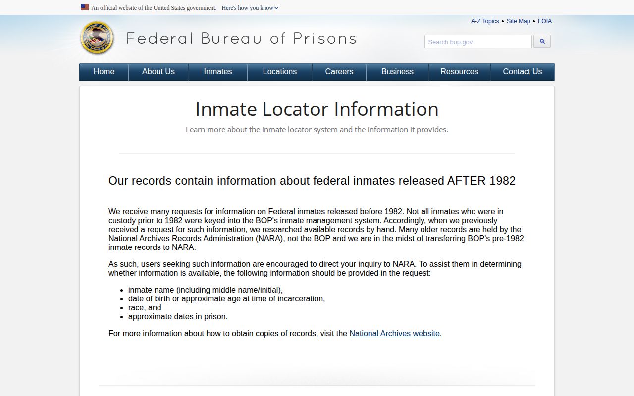 Federal BOP released status guidance for a Livingston County inmate lookup