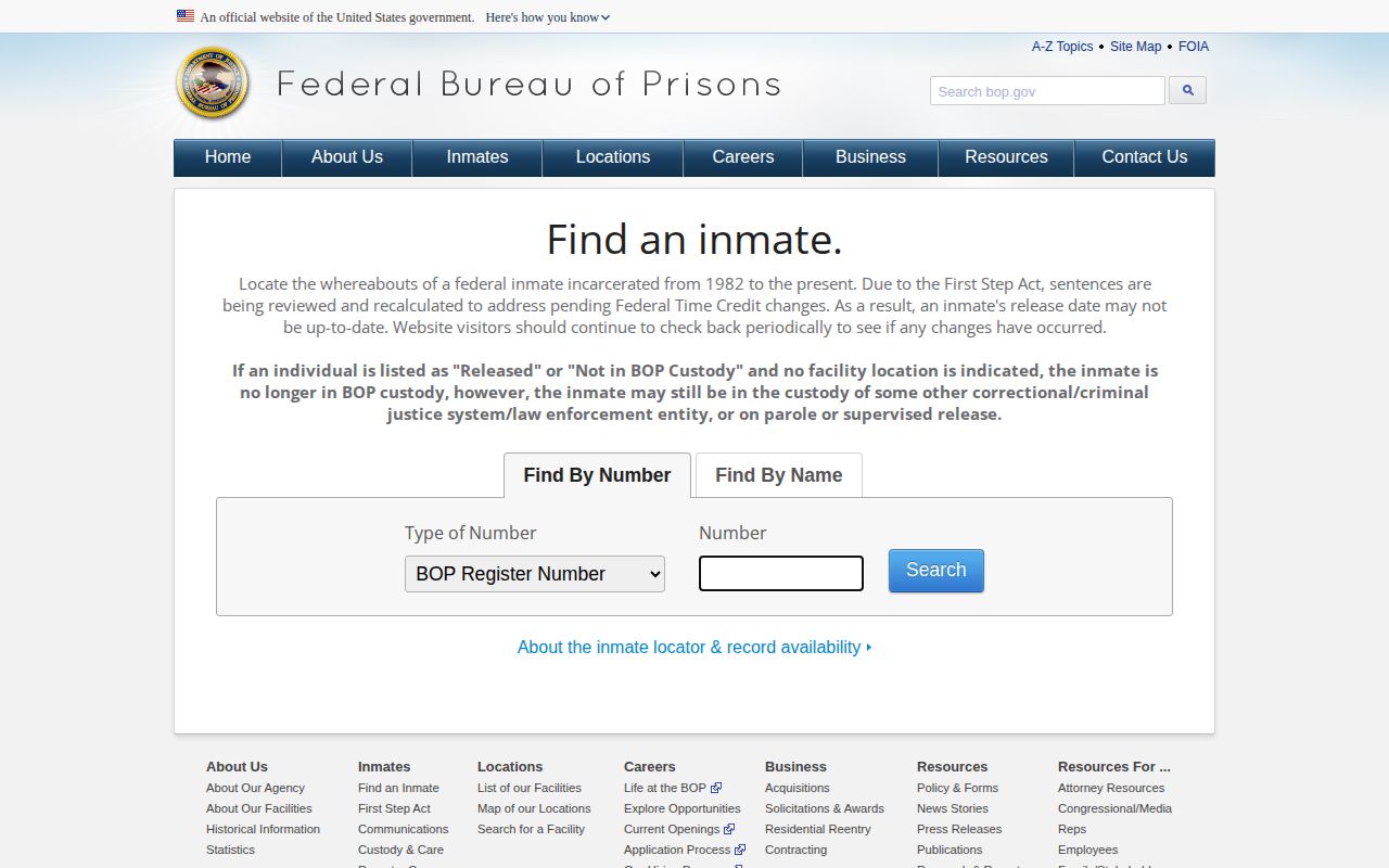 Livingston County federal BOP release search screen
